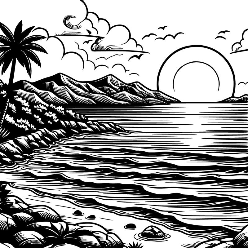 realistic landscape, sea, sunset, simple, very easy to color