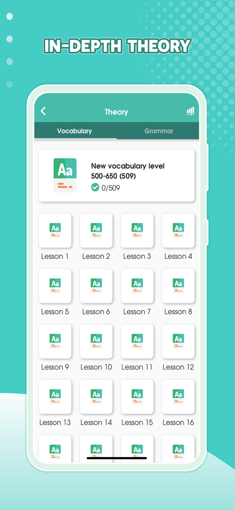 Interfaz de la aplicación Migii Prep que muestra lecciones de teoría de vocabulario para la preparación del TOEIC, nivel 500-650