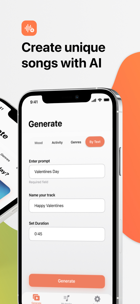 Music AI Creator・Melody Maker - Interface of the Music AI Creator app showing the Generate screen where a user enters a text prompt and track name to create a song.