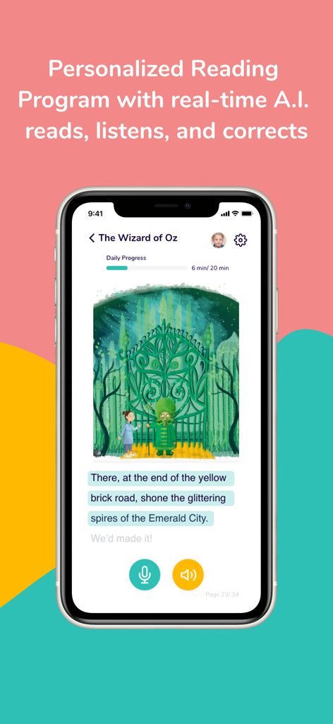 Readability app interface showing a personalized reading program with real-time AI assistance and progress tracking.