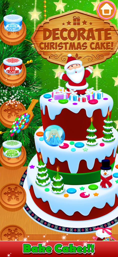 Three tier Christmas cake with Santa topper and festive decorations in a kids cooking simulation game
