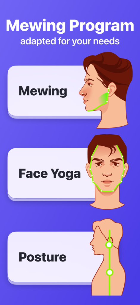 An interface showing different exercise categories including Mewing, Face Yoga, and Posture.