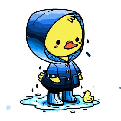 baby duck in a rain coat and boots, in a puddle while it’s raining