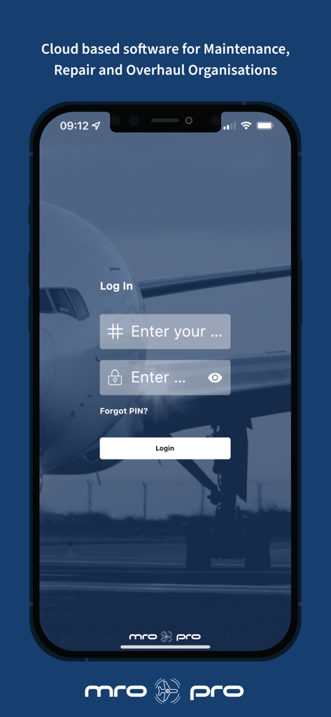 MRO-PRO - Login screen for MRO-PRO aviation maintenance and repair software