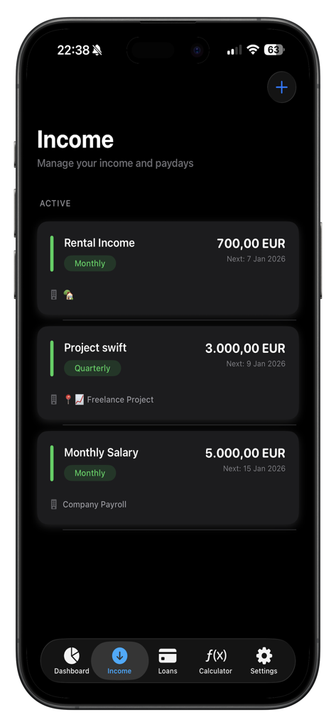 Ypsilon - Ypsilon mobile app screen showing income tracking for rental income and monthly salary