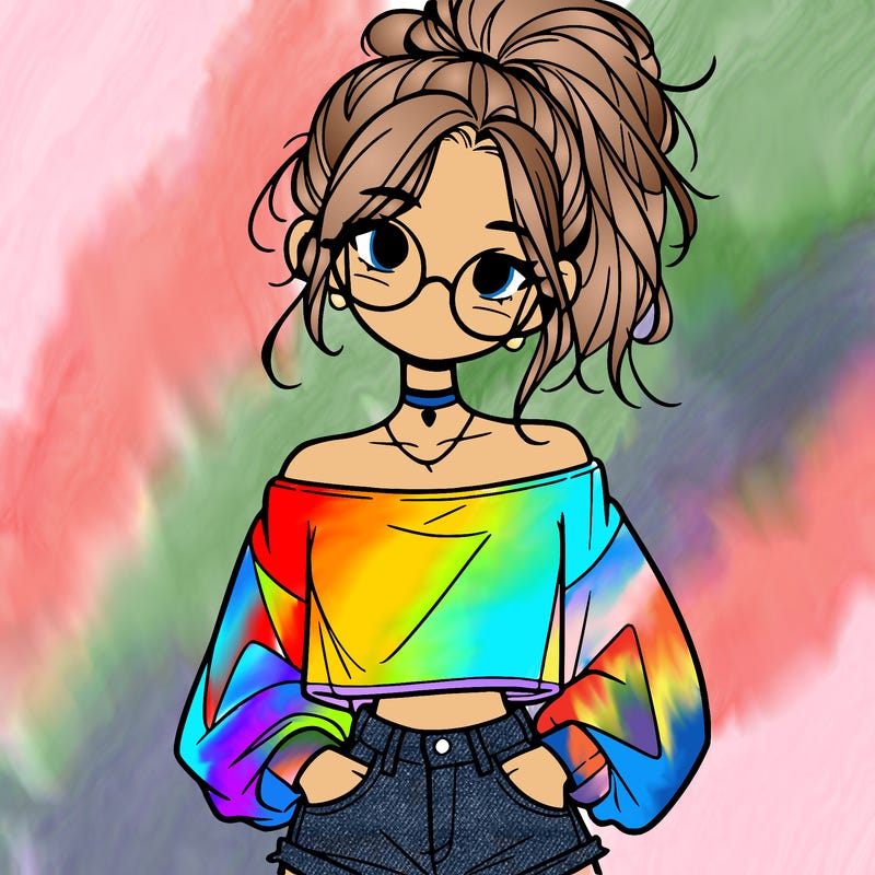 girl with a messy ponytail glasses a baggy crop top and jean shorts