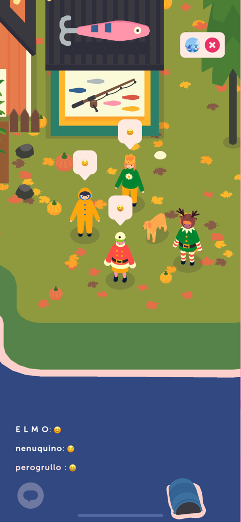 1sland - Characters in cozy outfits with emoji speech bubbles gathering outside a fishing shop in 1sland