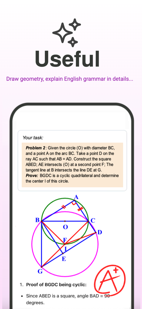 AI宿題ヘルパーアプリが、赤いAプラスのスタンプで複雑な幾何学の円の問題を解決している様子