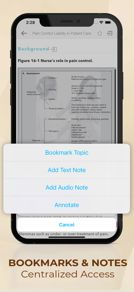 Maudsley Prescribing Guideline App Oberfläche, die Optionen zum Lesezeichen für ein Thema oder zum Hinzufügen von Text- und Audiotexten anzeigt