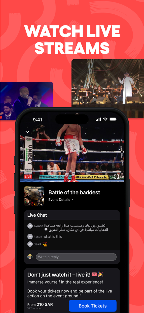 webook.com – fun things to do - Webook app showing a live boxing match stream with interactive chat and ticket booking.