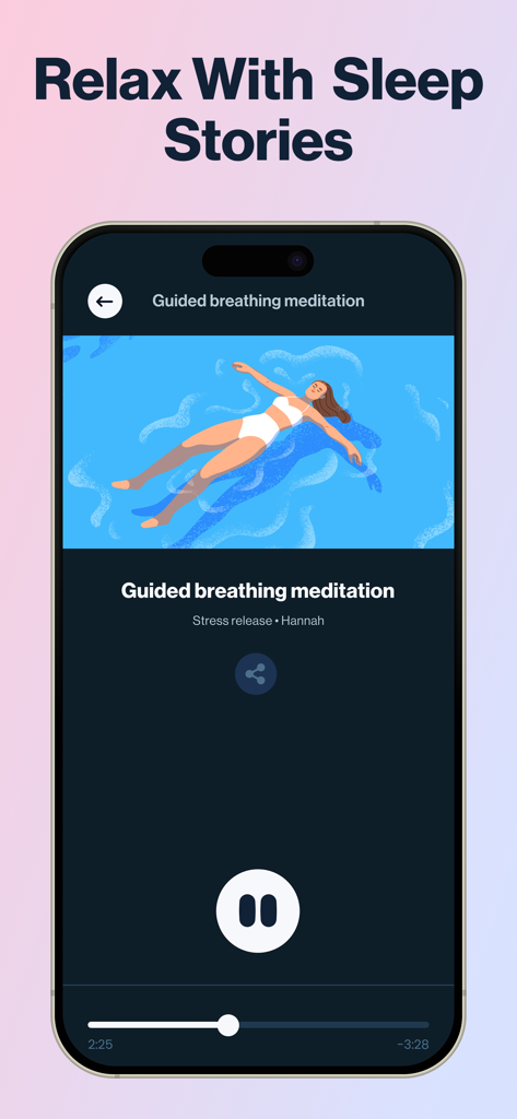 Anxiety Relief: Calmer - Interfaz de meditación de respiración guiada en la aplicación Calmer con una ilustración relajante de una mujer flotando en el agua.