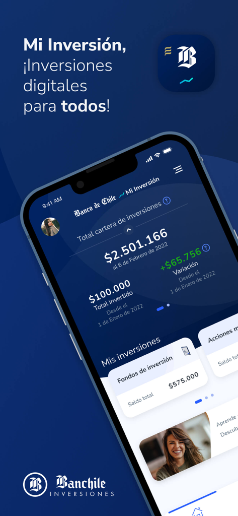Mi Inversión - Smartphone displaying the Mi Inversion app dashboard with investment portfolio details