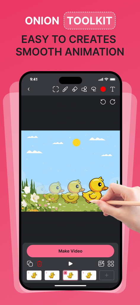 Mobile interface of Animation Creator showing the onion skinning toolkit for smooth character movement