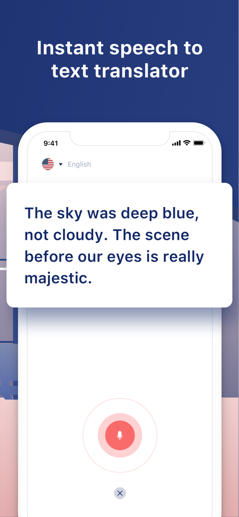 携帯電話に表示されているインスタント音声テキスト翻訳インターフェース、英語の文字起こしが表示されている