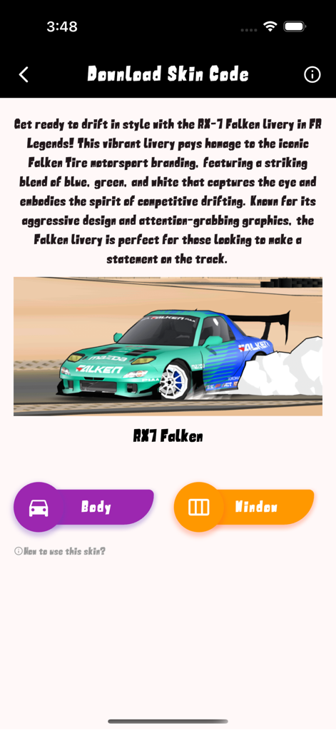 Skins for FR Legends - Uma visualização detalhada da skin de carro RX7 Falken, incluindo opções para baixar códigos de carroceria e janelas no aplicativo Skins para FR Legends