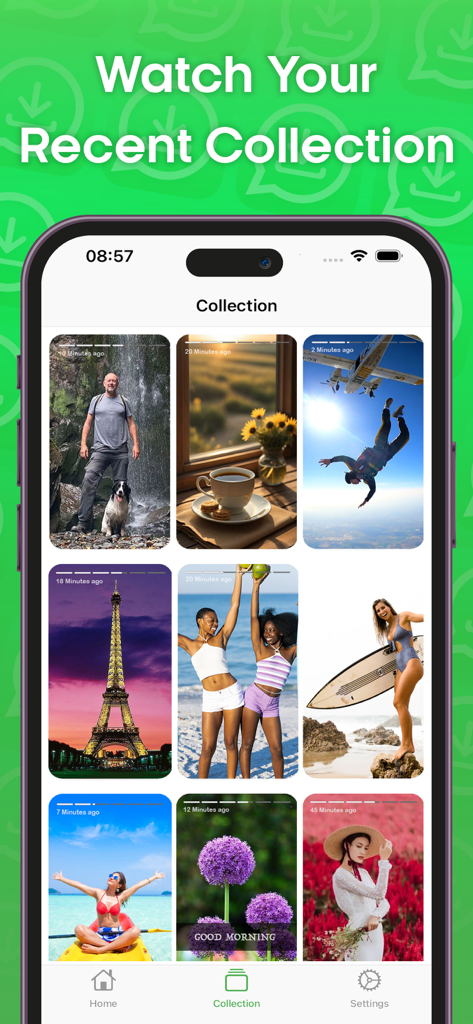 Grid view of saved stories and statuses on an iPhone screen