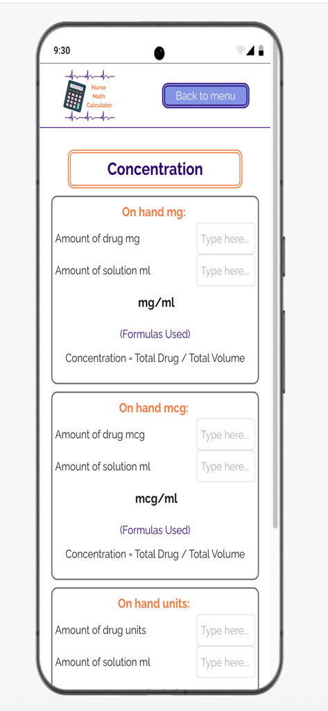 Nurse Math Calculator - Pantalla de la aplicación Calculadora de Matemáticas para Enfermería que muestra fórmulas de cálculo de concentración de medicamentos y campos de entrada