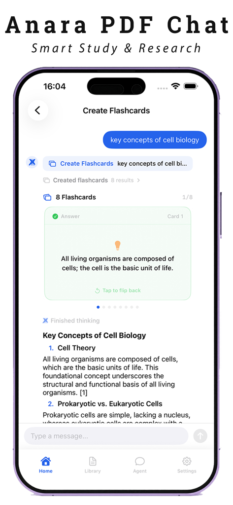 Anara AI Research Papers - Interface of Anara AI Research Papers app showing AI generated flashcards and a detailed summary of cell biology concepts.