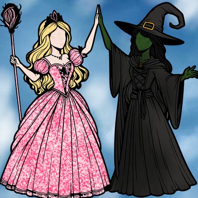 detailed realistic split of a princess and a witch