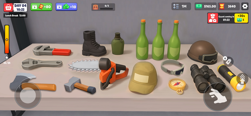 Excaper: Prison Escape - Una colección de herramientas y equipo de supervivencia para una misión de fuga de prisión que incluye un hacha, una motosierra y binoculares.