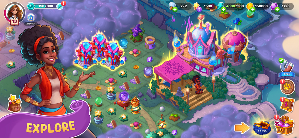 Ginny explorando uma ilha mágica colorida cheia de itens encantados e edifícios únicos em Fable Town