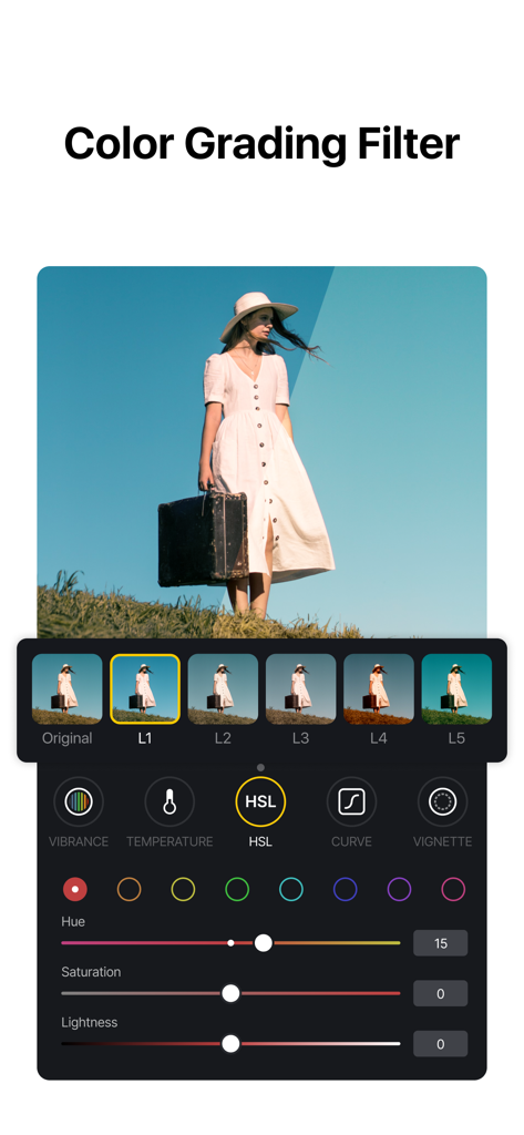 Interface de gradação de cores do VN Editor de Vídeo com IA com seletores HSL e filtros cinematográficos