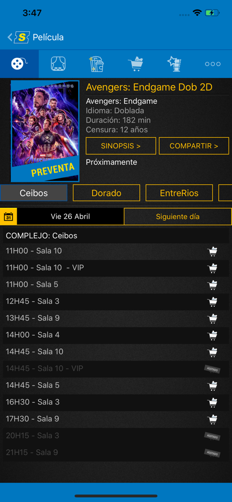 Supercines - Supercines app screen displaying showtimes and booking options for Avengers Endgame at Ceibos cinema.