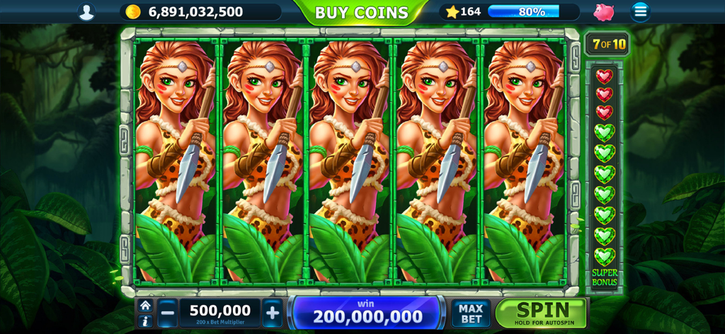 Slots of Vegas - Una schermata di grande vincita su una slot machine a tema giungla nell'app Slots of Vegas
