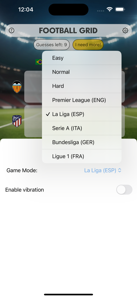 Football Grid - Pantalla del juego Football Grid mostrando el menú de selección de modo de juego con varias ligas europeas