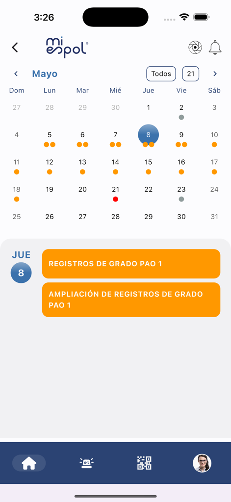 Mi ESPOL - Mi ESPOL app calendar interface showing academic registration dates for the month of May.
