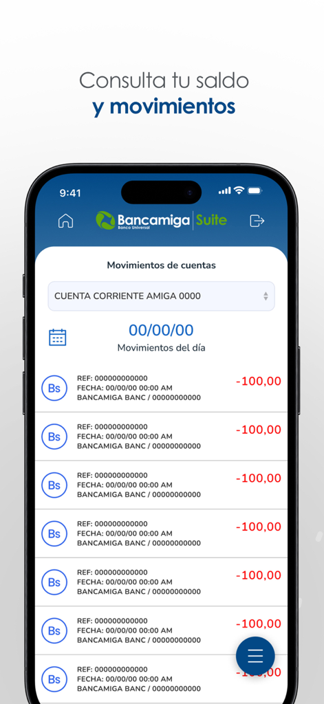 Bancamiga Suite - Bancamiga Suite mobile app interface showing a list of banking account movements and transactions.