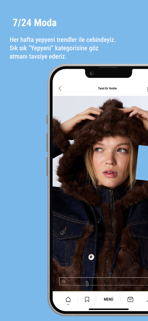 Twist mobile shopping app interface featuring a woman in a fur-lined denim jacket