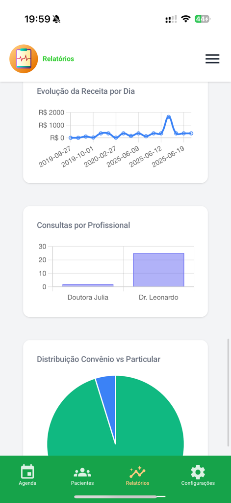 Meus Pacientes Online - Clinic management reports dashboard with charts for revenue, professional consultations, and insurance types.