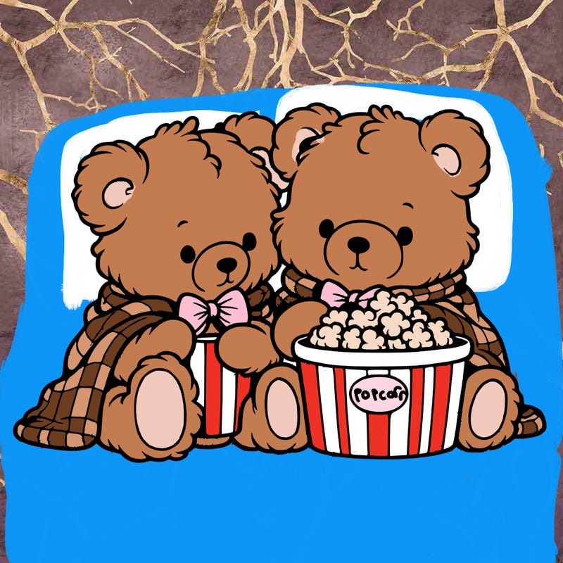 soft black and white line art illustration for coloring book similar to bobbie goods, cartoon style
teddy bears watching a movie together with blanket and bucket of popcorn.