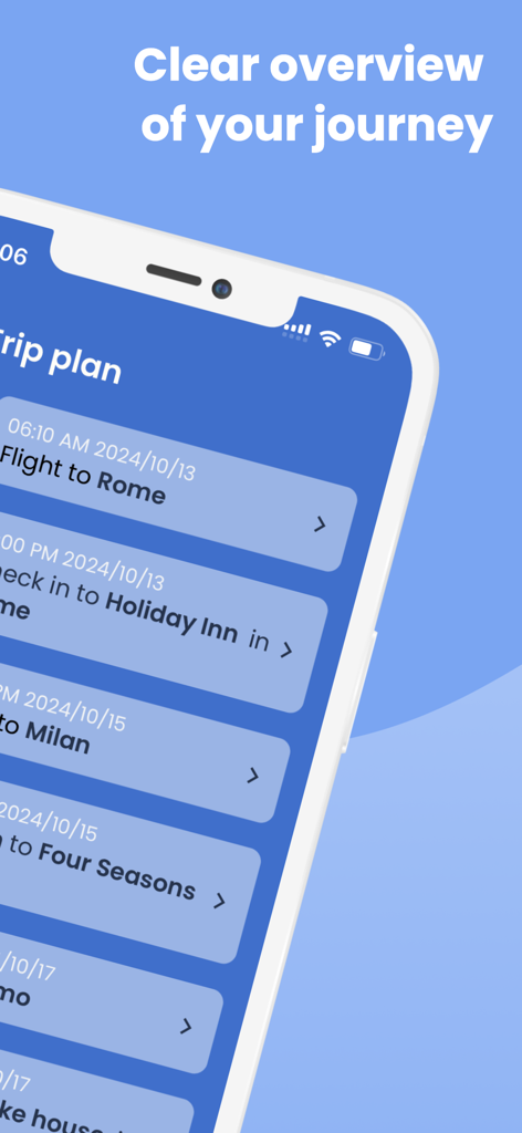 Trippy - Travel Manager - Smartphone displaying a chronological travel itinerary in the Trippy app including flights and hotel bookings.