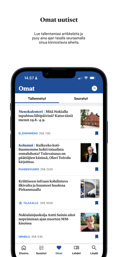 Mobile interface of the Nokian Uutiset app showing a list of saved local news articles with thumbnails and headlines.