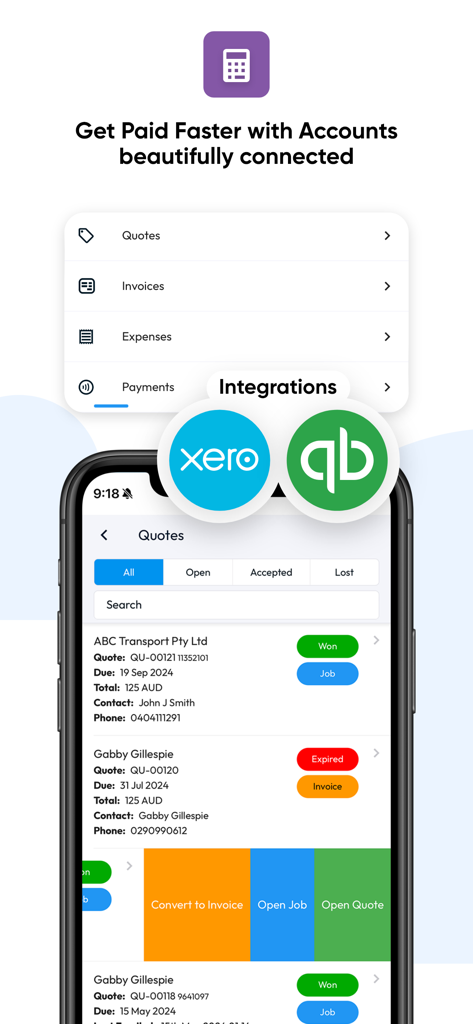 Formitize - Aplicativo Formitize no iPhone mostrando cotações e faturas com integrações Xero e QuickBooks.