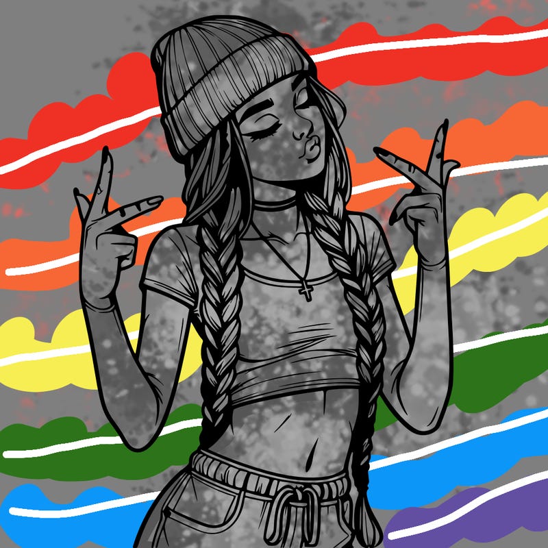 realistic teenage girl with braids and a beanie and crop top doing 🫶🏼