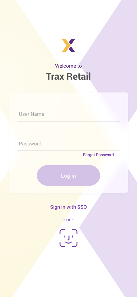Login screen for the Trax Retail mobile app showing username and password fields