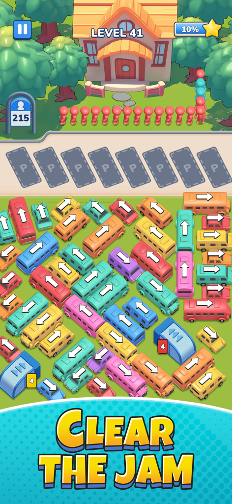 Bus Rush: Car Parking Games - 버스 러쉬의 버스와 승객 대기열이 있는 붐비는 주차장을 보여주는 다채로운 모바일 게임 화면