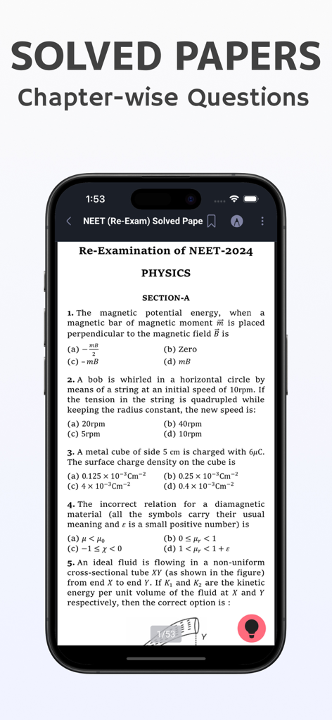 NEET: Past Solved Papers - Smartphone screen displaying NEET 2024 physics solved paper with multiple choice questions