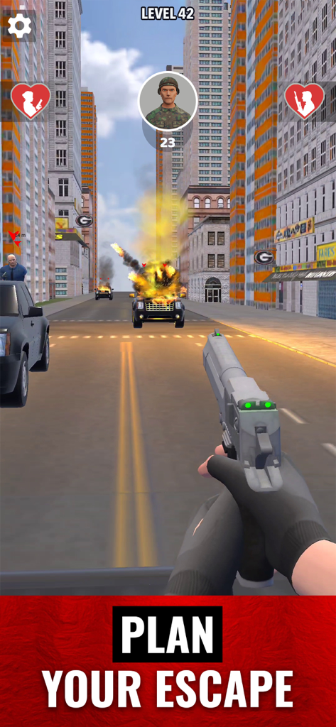 Mr and Mrs Shooter: City Hunt - Ego-Shooter-Gameplay mit einer Pistole und einer Autoexplosion in einer Stadt