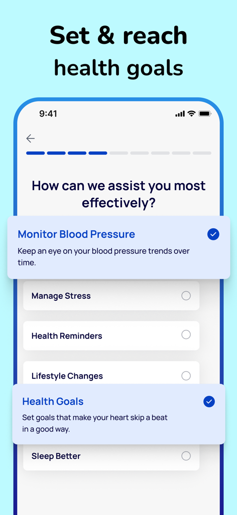 Blood Pressure Tracker + - Pantalla de la aplicación Heartly que muestra opciones de objetivos de salud como monitorizar la presión arterial y gestionar el estrés.