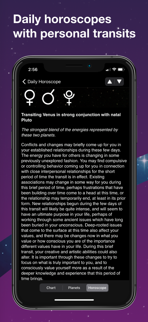 TimePassages Legacy - Interface of TimePassages Legacy app showing a detailed daily horoscope with personal transits for Venus and Pluto.