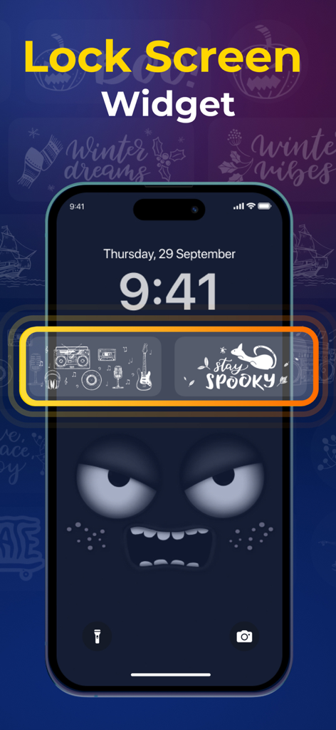 Color Widgets & Themes: Wiggle - iPhone lock screen showing custom aesthetic widgets including musical icons and a stay spooky theme