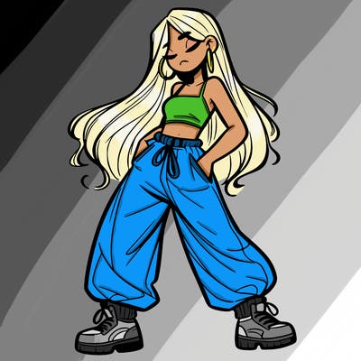 girl in baggy pants crop top and long hair