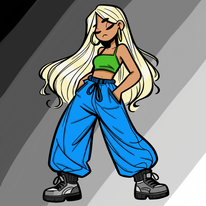 girl in baggy pants crop top and long hair