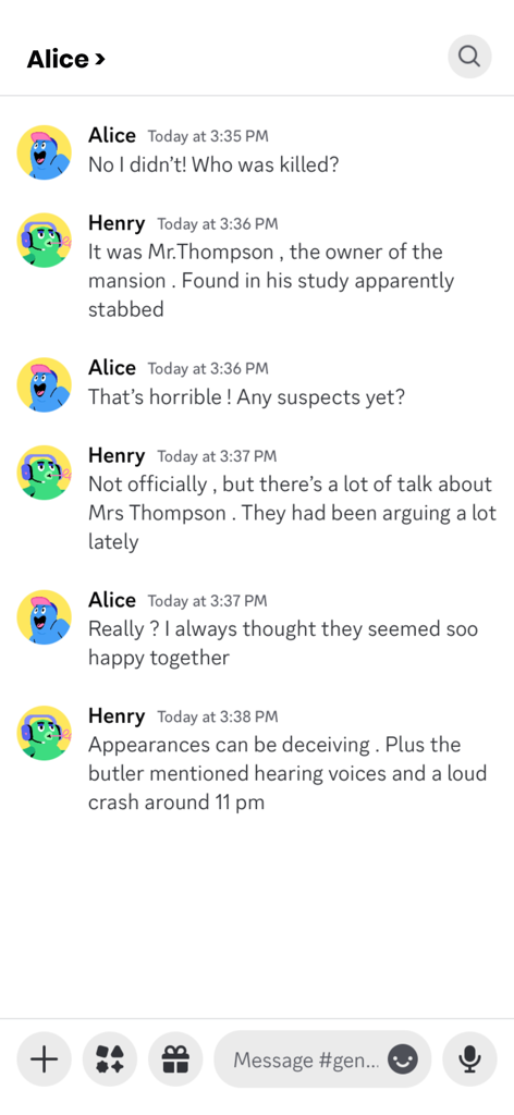 A mystery chat story conversation between two characters discussing a murder case in a messaging interface.