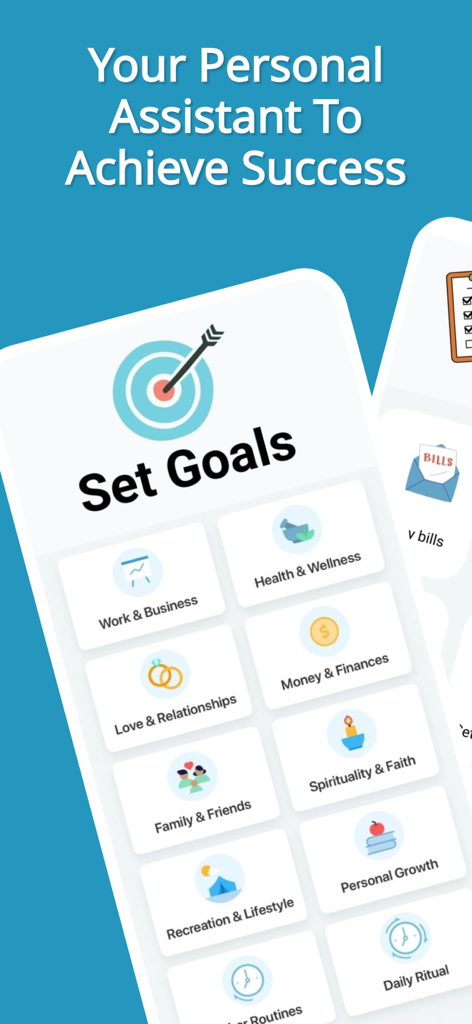 Success Life Coach Day Planner - L'interface de l'application Success Life Coach affiche des catégories de définition d'objectifs telles que le travail et les affaires, la santé et le bien-être, l'argent et les finances, et le développement personnel.