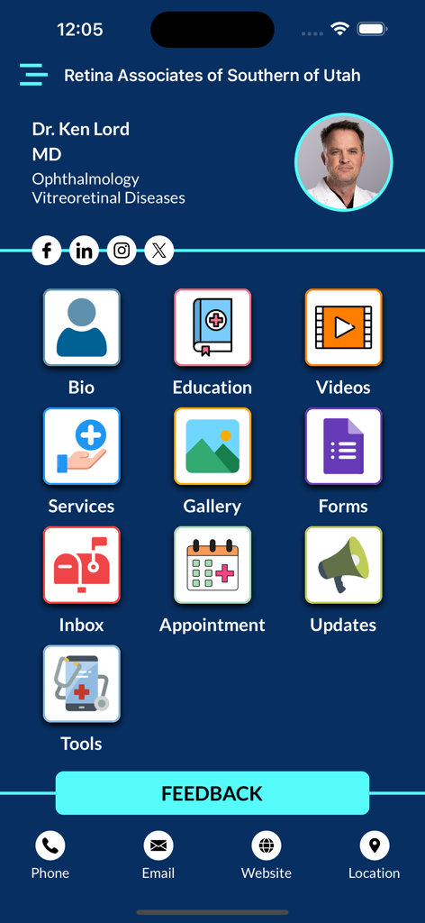 DocApp screen showing Dr Ken Lords medical practice profile and patient services